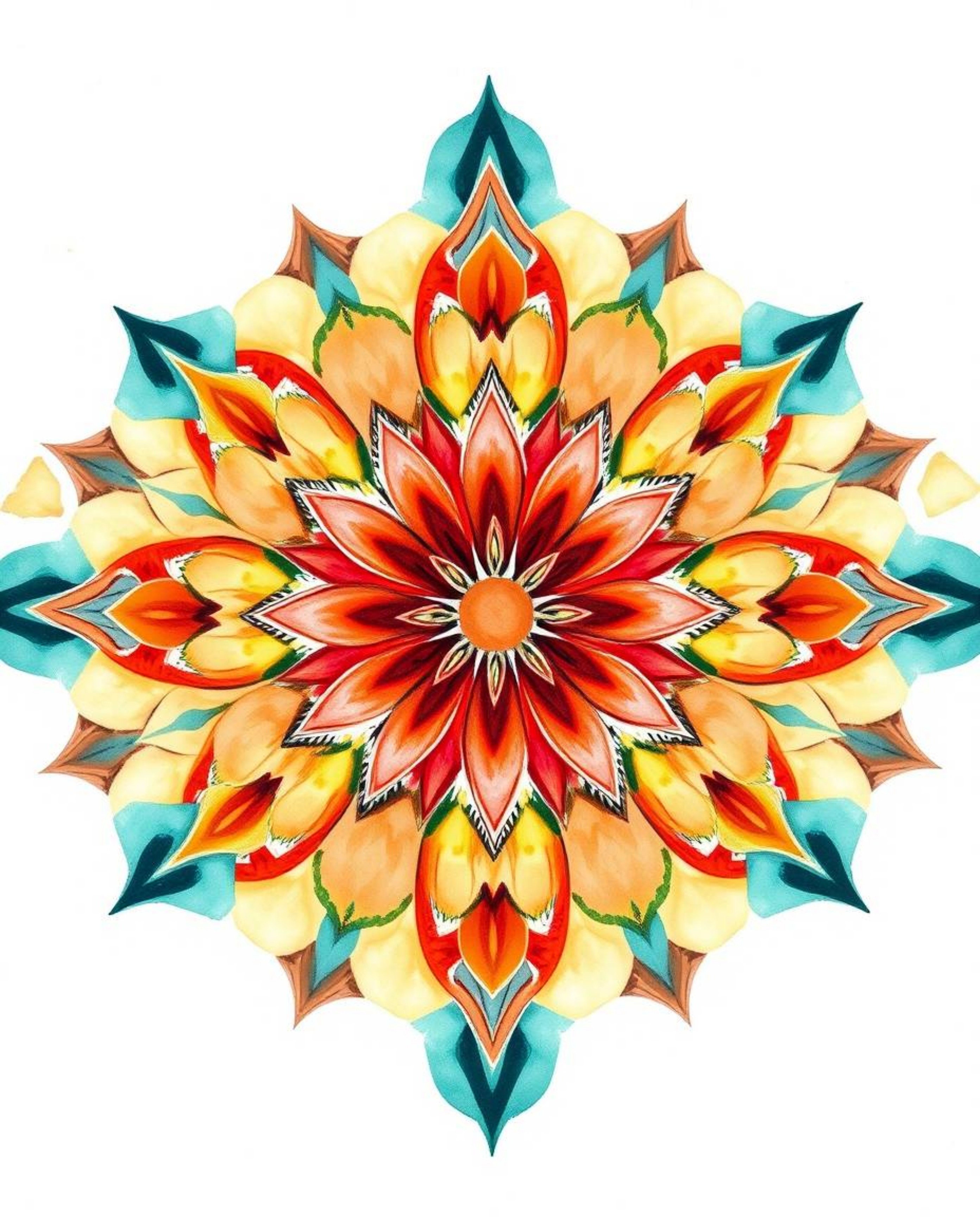 Explore a delicate watercolor painting featuring a geometric floral mandala, brought to life with vibrant colors and a symmet