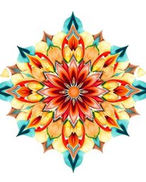 Explore a delicate watercolor painting featuring a geometric floral mandala, brought to life with vibrant colors and a symmet
