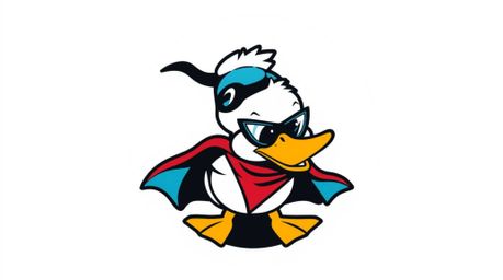 This logo design features a superhero duck in a zany costume, viewed from a bird's-eye perspective. It utilizes geometric sha
