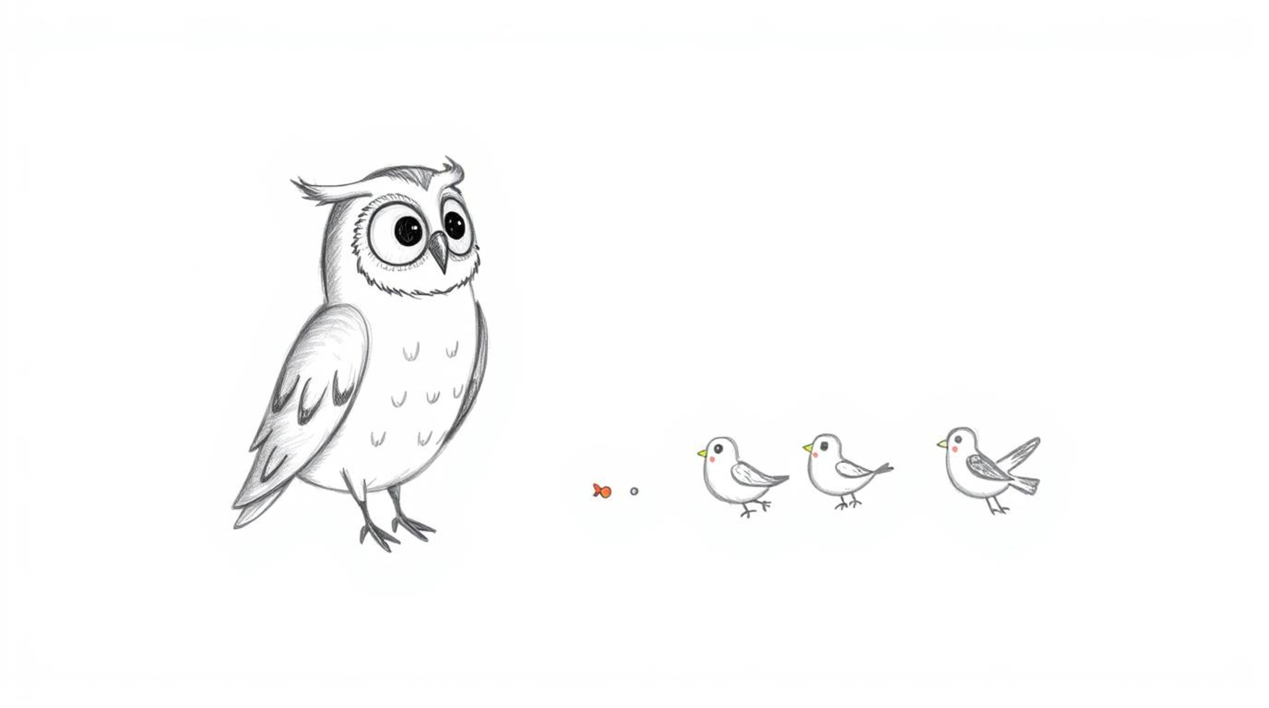 A hand-drawn Pixar-style sketch shows a gentle, wise, blind owl teaching a diverse flock of colorful birds how to fly, not th