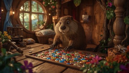 A high-resolution, commercially professional stock photo, reminiscent of Pixar's whimsical style, depicts a busy beaver dilig