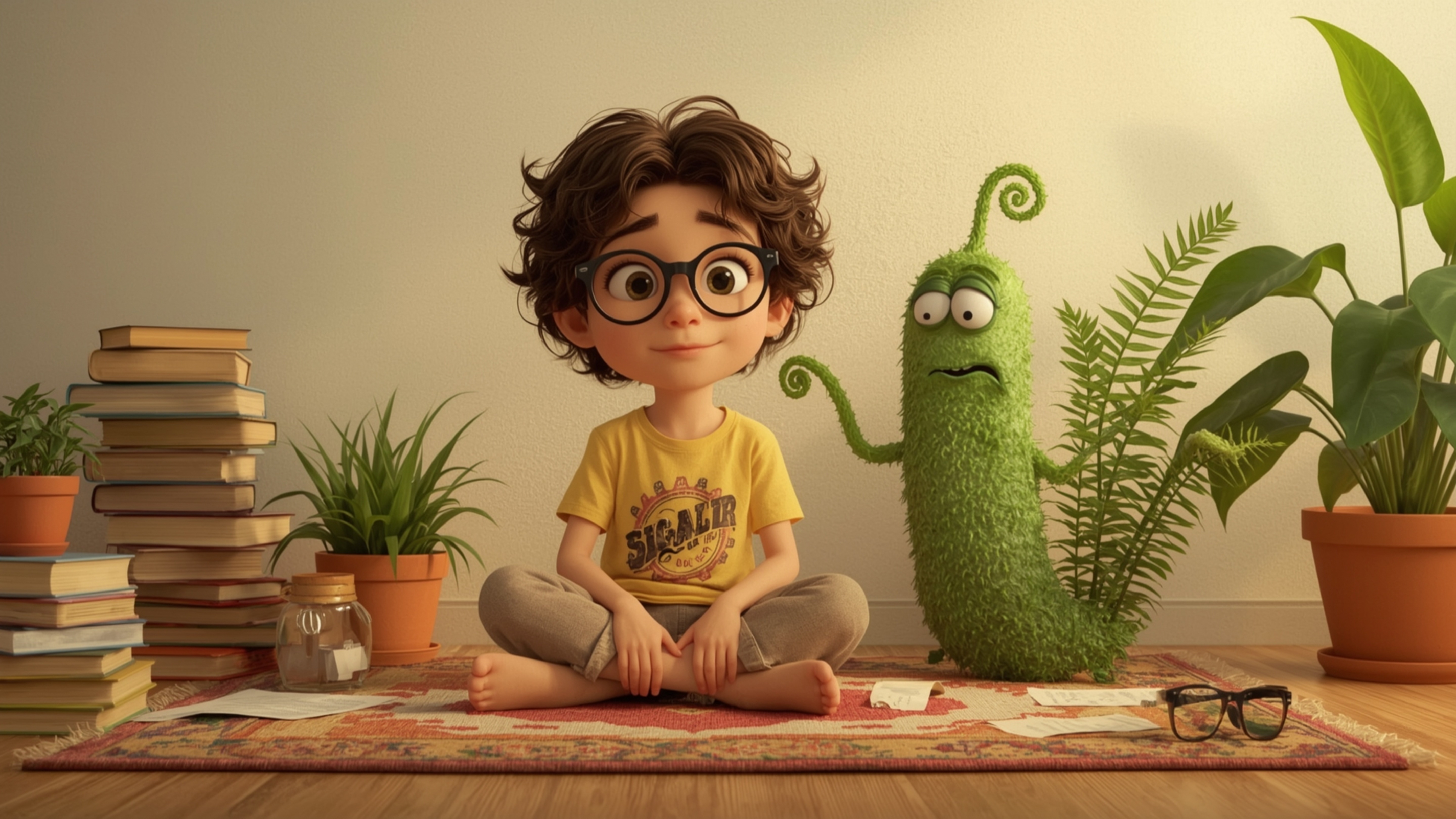 a vibrant, whimsical photograph reminiscent of Pixar's style, featuring a homeschooled genius, a bespectacled adolescent with