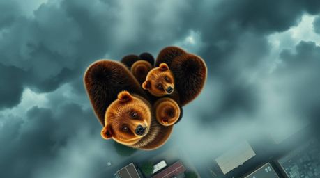 Experience the thrill of a bear family navigating a dramatic urban landscape under intense stormy skies. This captivating ove