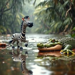 A captivating close-up shot captures a wet rainy scene where a charming 3D cartoon zebra is escaping a friendly crocodile nea