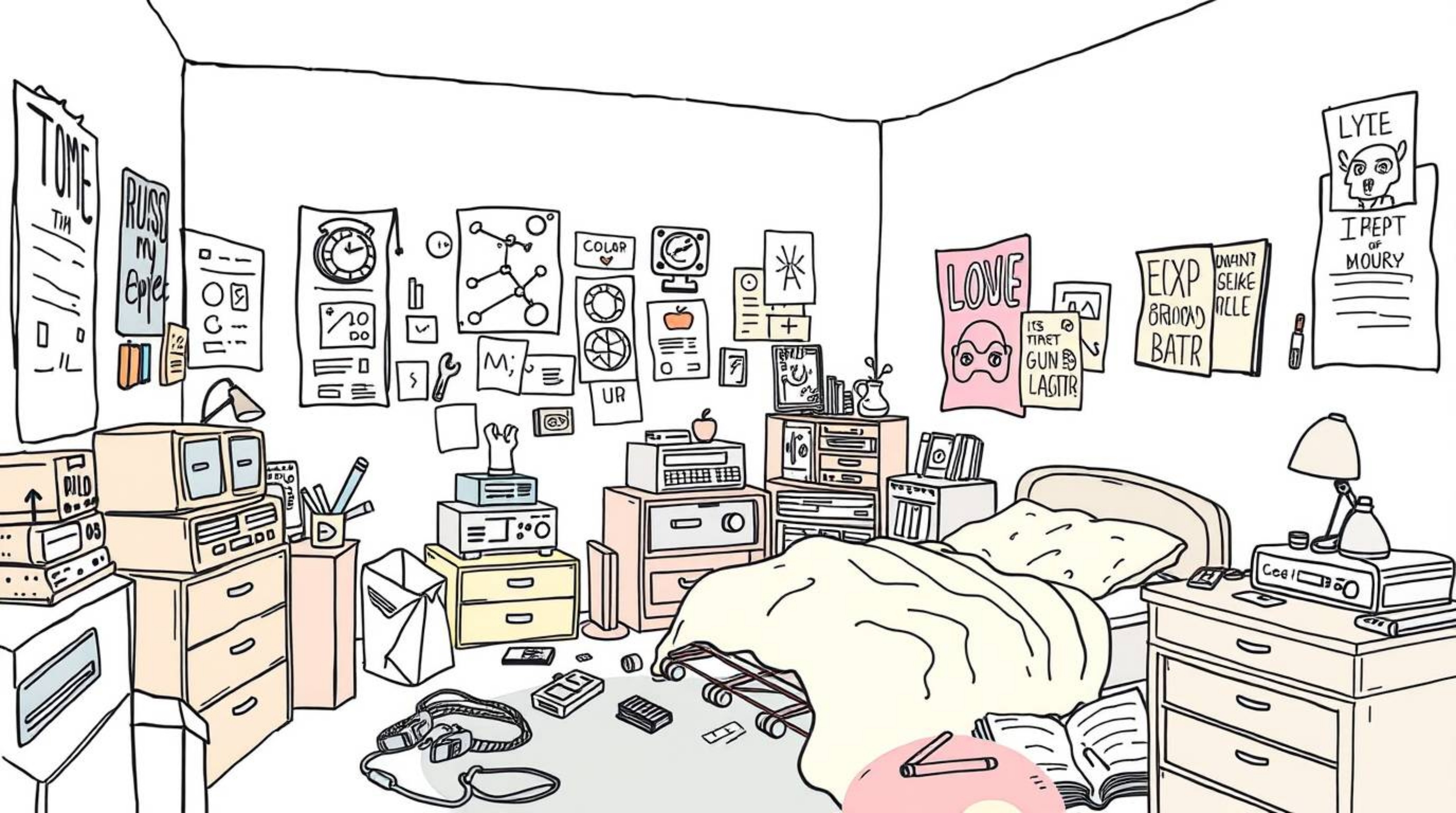 A charming hand-drawn sketch depicts a messy bedroom filled with quirky gadgets and posters, rendered in soft pastel colors u