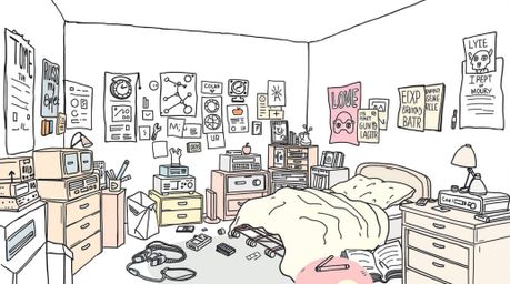 A charming hand-drawn sketch depicts a messy bedroom filled with quirky gadgets and posters, rendered in soft pastel colors u