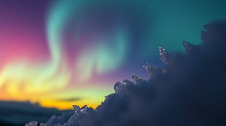 Witness the ethereal beauty of the Northern Lights emerging over a vibrant sunset in this extreme macro close-up. Detailed te