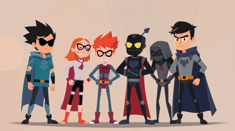 This illustration showcases a modern flat design of a group of misfit heroes coming together to form a team. The artwork util