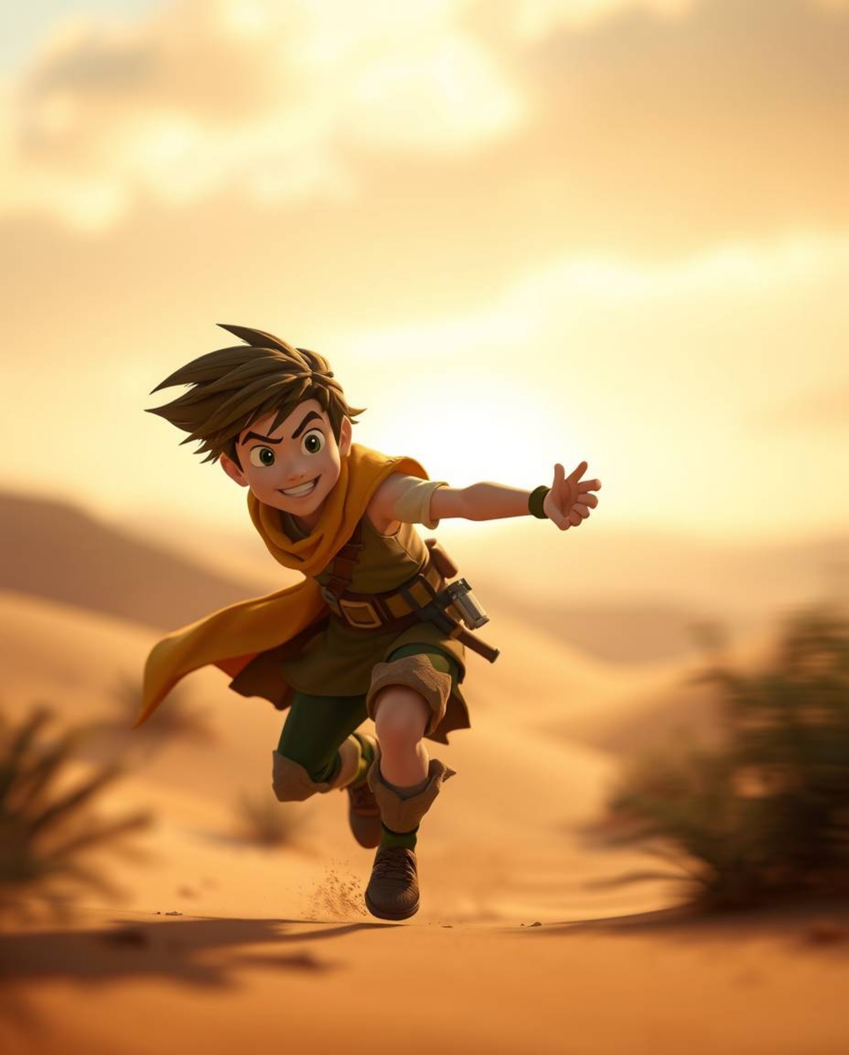 Embark on a thrilling desert adventure with a brave, Disney-style hero dynamically navigating the sandy landscape. Experience