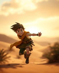 Embark on a thrilling desert adventure with a brave, Disney-style hero dynamically navigating the sandy landscape. Experience