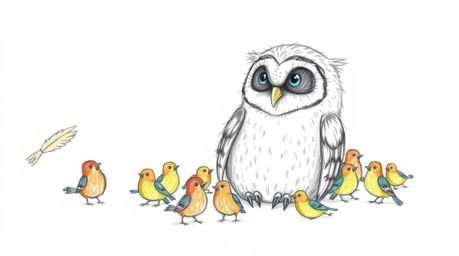 A captivating hand-drawn sketch in the style of Pixar, depicting a gentle, blind owl with fluffy feathers and a peaceful deme