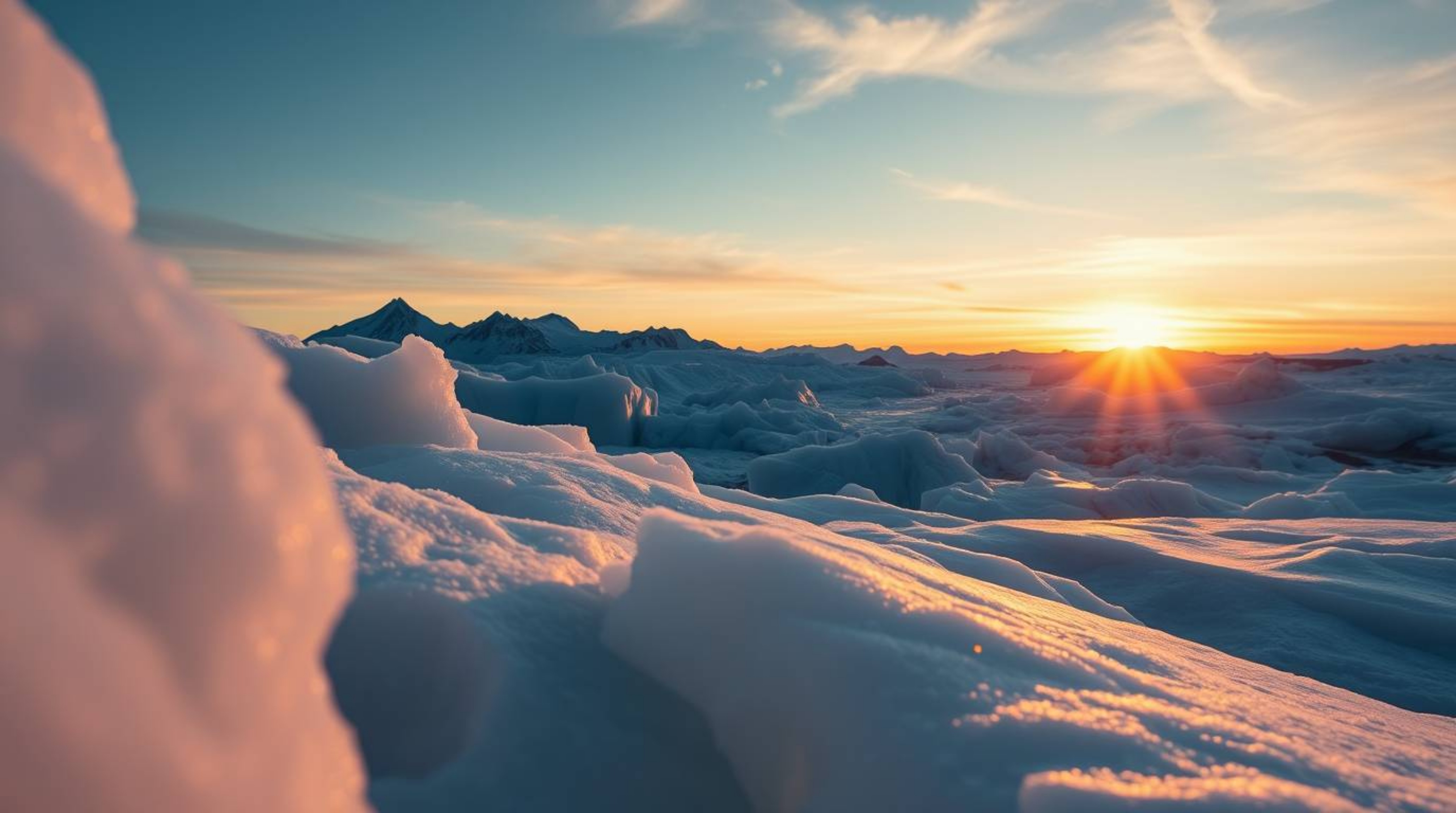 A stunning close-up shot showcases a breathtaking sunset over icy polar glaciers.  The image features a distinct split framin