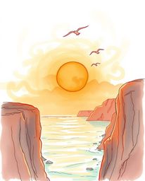 This is a colored sketchnote illustrating a coastal cliff sunset with soaring birds. The artwork, rendered in a hand-drawn st