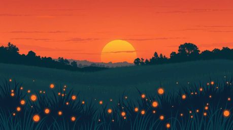 A captivating digital illustration depicts a serene sunset over a peaceful meadow, where fireflies begin to twinkle.  The art