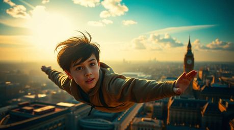 A captivating image of a young boy with windswept dark hair, flying above the iconic London skyline. He's radiating a determ