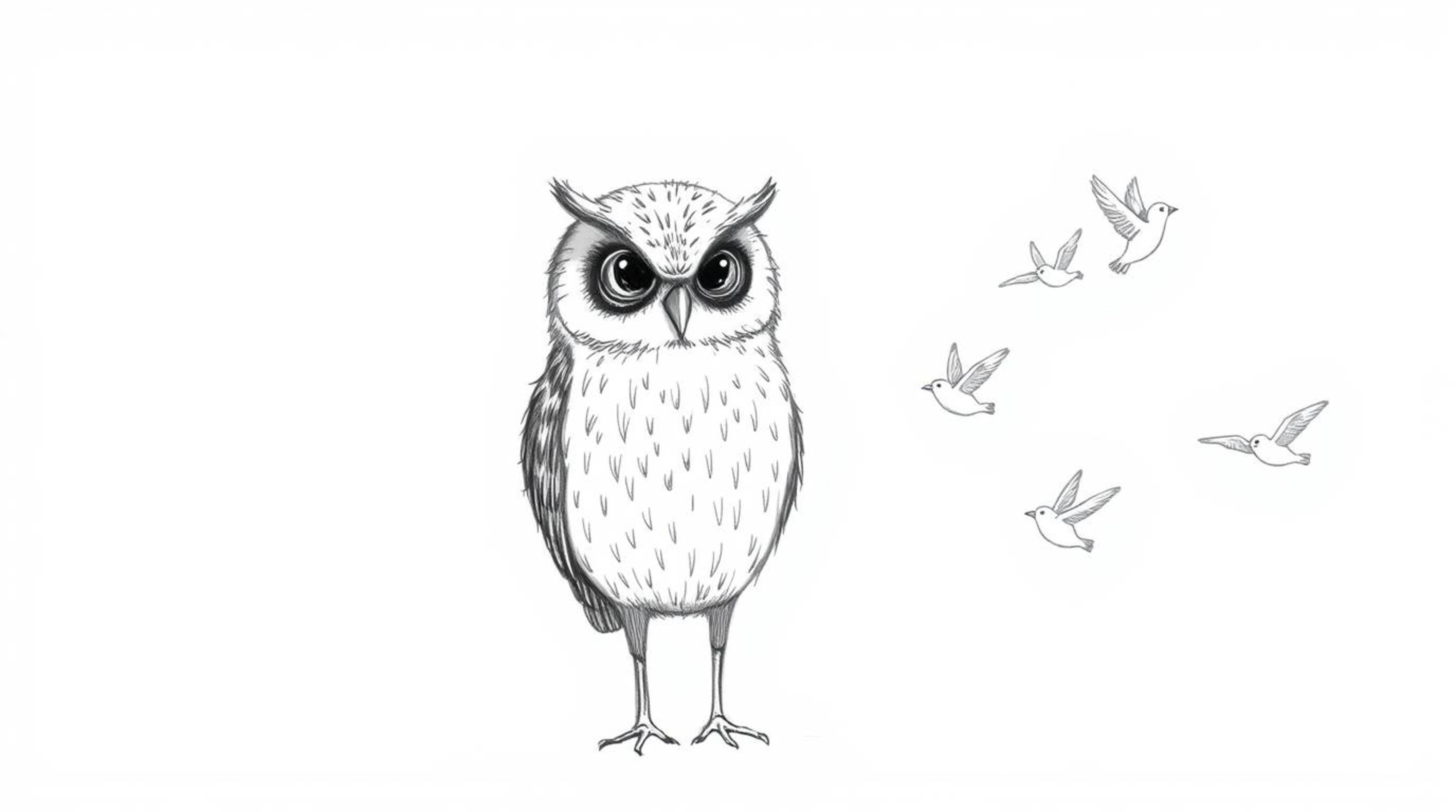 This heartwarming hand-drawn sketch in the style of Pixar depicts a blind owl with downy feathers, teaching birds to fly. Usi