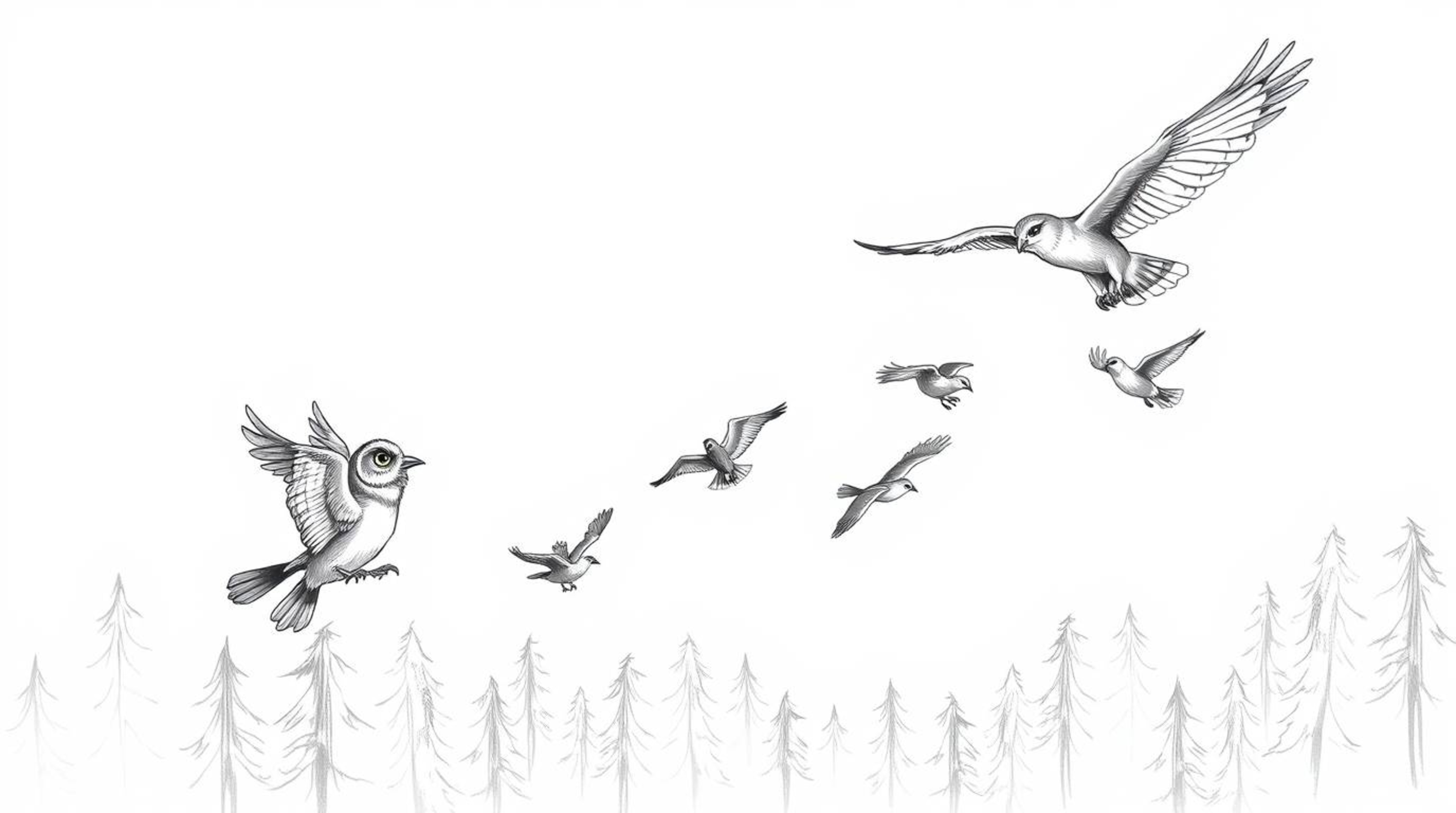 A heartwarming hand-drawn illustration in the style of Pixar depicts a blind owl meticulously teaching a diverse group of bir