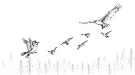 A heartwarming hand-drawn illustration in the style of Pixar depicts a blind owl meticulously teaching a diverse group of bir
