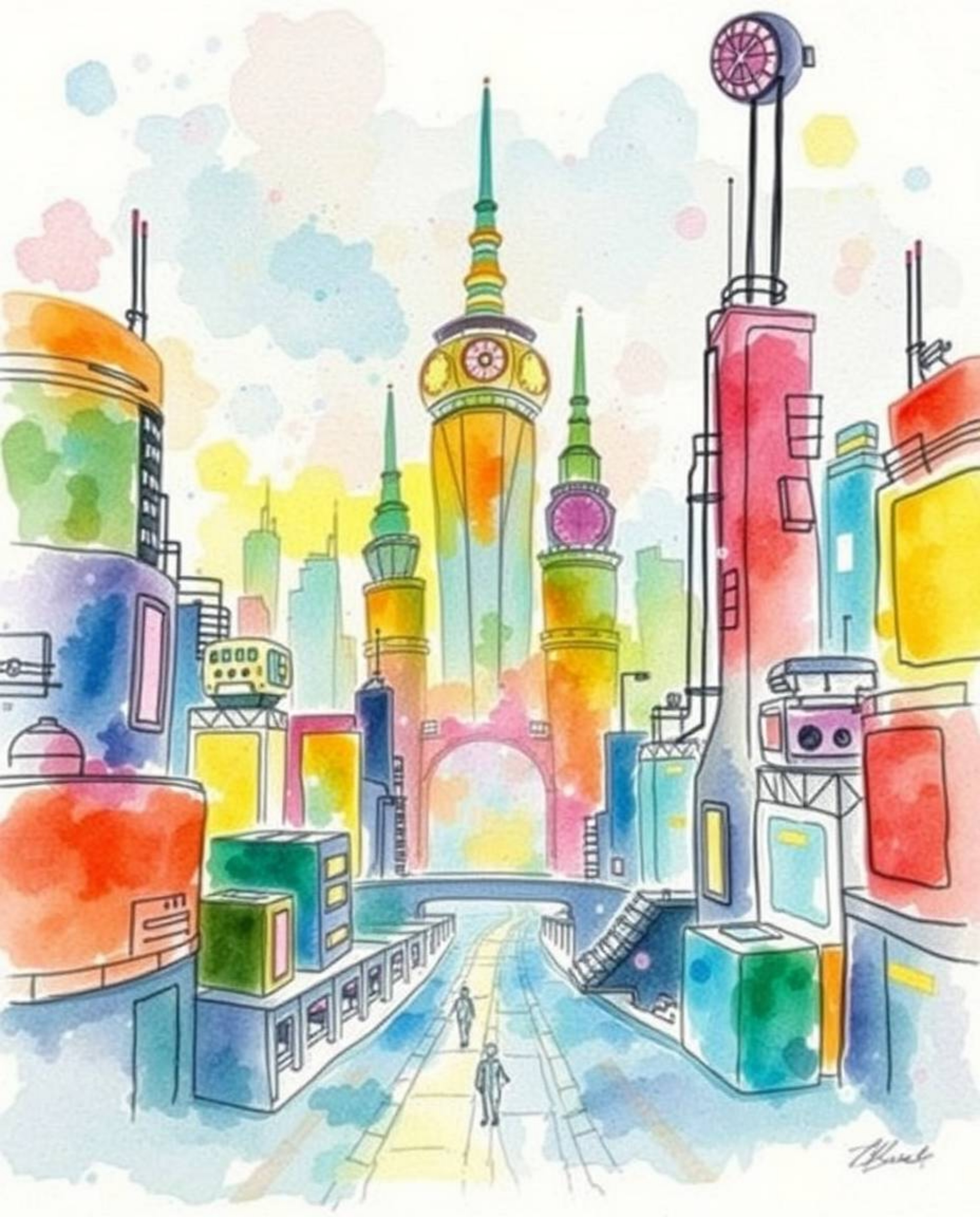 A charming watercolor painting depicts an adorable futuristic cityscape, bathed in colorful neon splashes.  The cyberpunk env