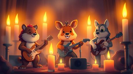 Immerse yourself in an ethereal spiritual atmosphere as a band of cartoon animals rocks out under the warm glow of flickering