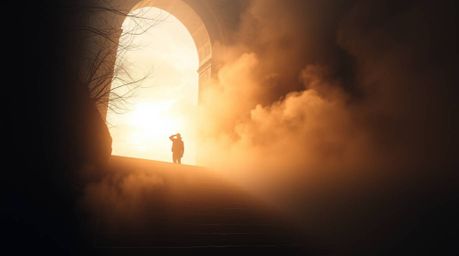 Experience a mystic and enchanting environment where a lone figure ascends a stone staircase into divine light. The scene is 