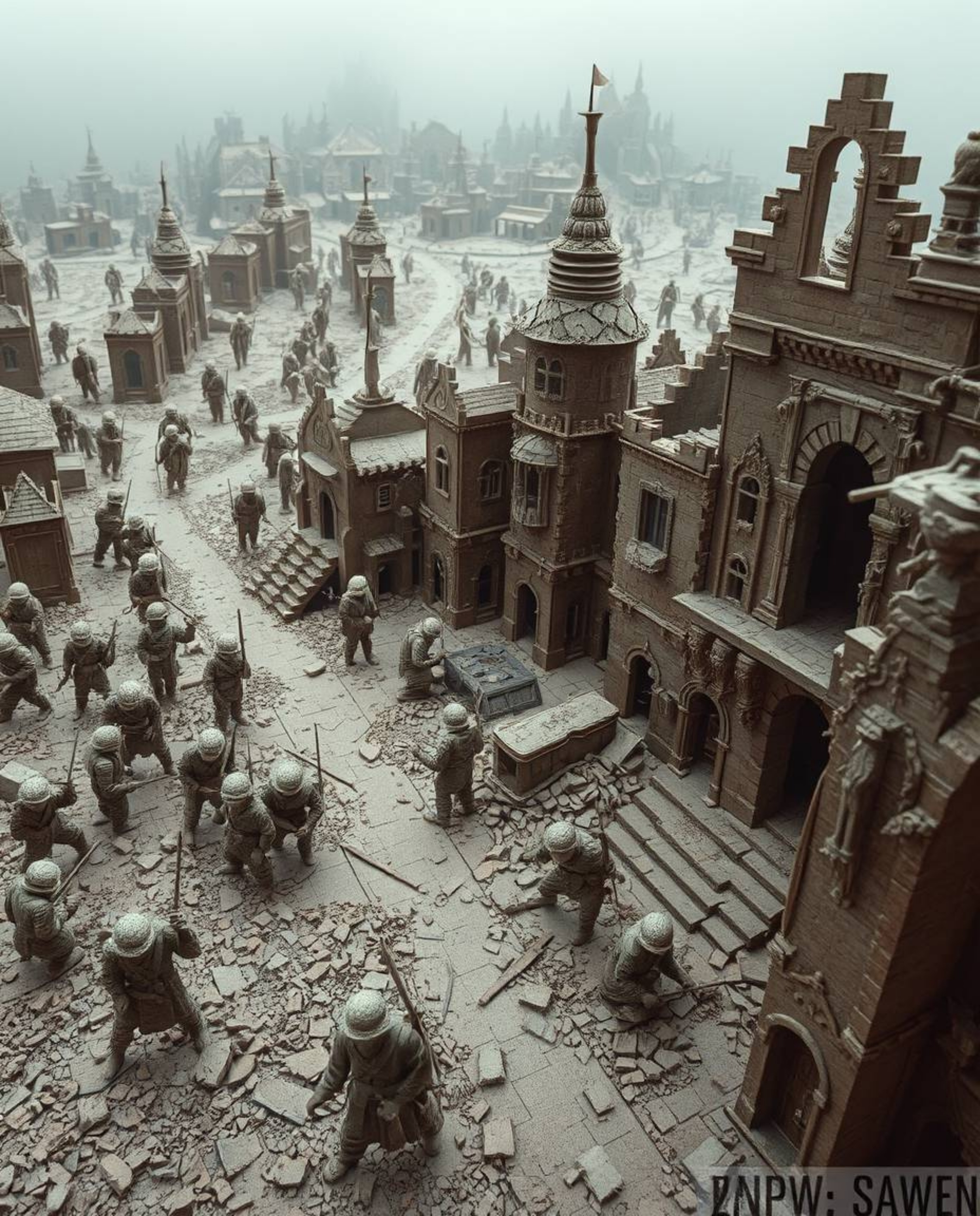 A strong and moody artwork depicting a battlefield with time-warped soldiers and decaying buildings, created using layered pa