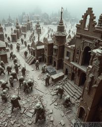 A strong and moody artwork depicting a battlefield with time-warped soldiers and decaying buildings, created using layered pa