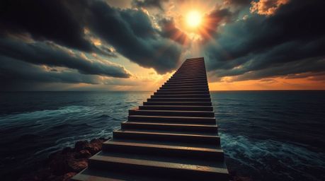 Experience the sublime in this unusual fine art photograph. A dramatic staircase ascends from the turbulent ocean towards a s