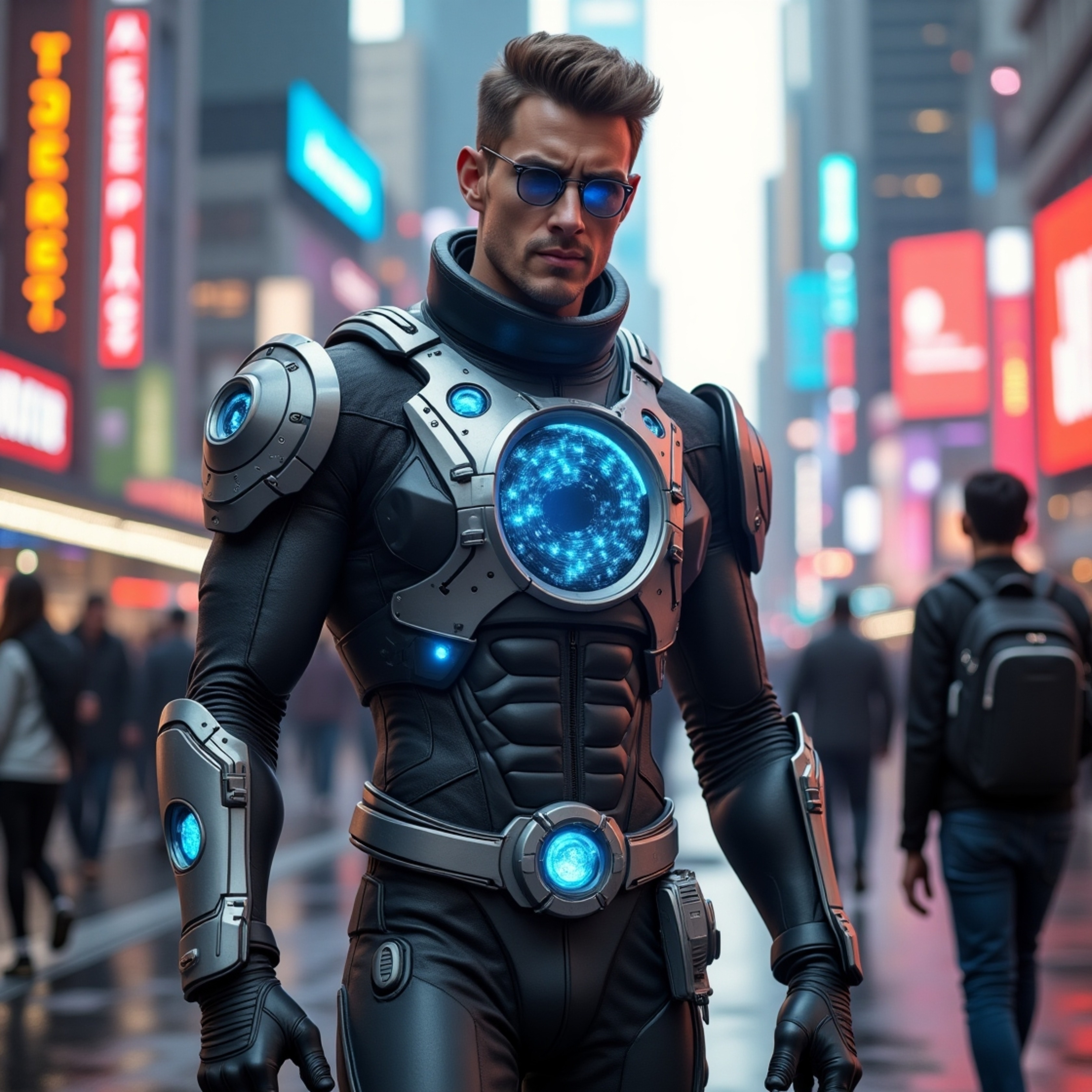 A time traveler, clad in a high-tech suit, stands amidst a vibrant futuristic metropolis. Skyscrapers pierce the sky, neon si