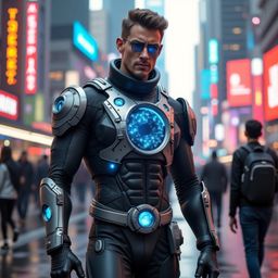 A time traveler, clad in a high-tech suit, stands amidst a vibrant futuristic metropolis. Skyscrapers pierce the sky, neon si