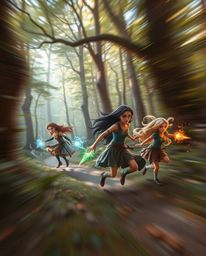 Experience the magic of a dynamic motion blur image depicting a group of friends with unique powers as they explore a mystic,