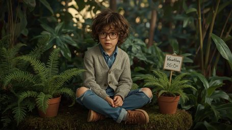 In a breathtakingly vibrant and whimsical cinematic photograph, a bespectacled homeschooled genius with curly brown hair shar