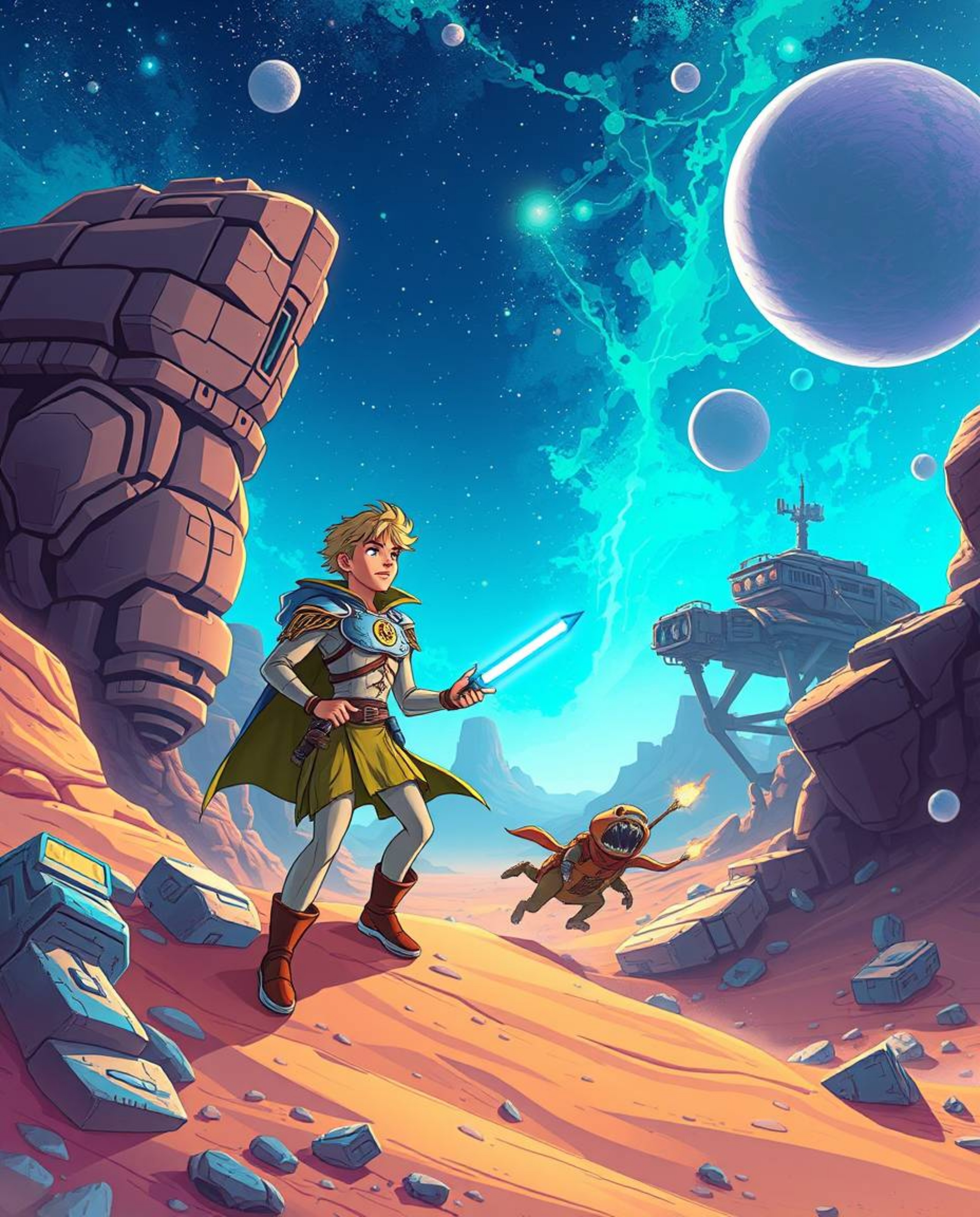 Embark on a vibrant, futuristic desert adventure with a brave Disney-esque hero! This stunning illustration blends classic Di