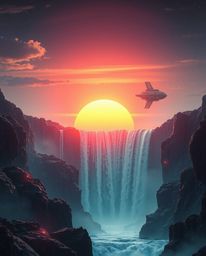 This artwork portrays a futuristic sci-fi scene of a sun setting behind a dramatic waterfall. The composition is styled in a 