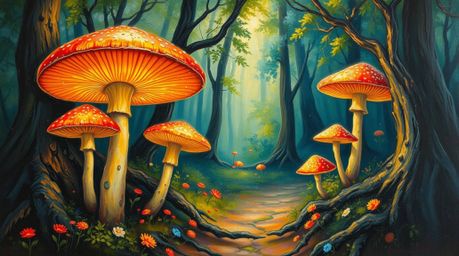 Immerse yourself in a vintage-style enchanted forest brought to life with bright, vibrant colors and a classic oil painting s