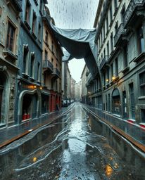 This cast bronze surface captures a captivating surreal street scene, where buildings seem to fold and twist in an impossible