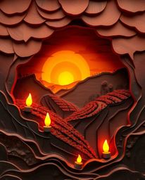 This is a beautifully sculpted papier-mâché artwork that captures a serene sunset over terraced tea plantations. The piece is