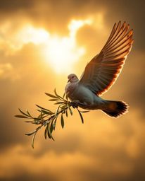 A breathtaking macro close-up captures a dove carrying an olive branch through a turbulent storm, bathed in the warm, soft li