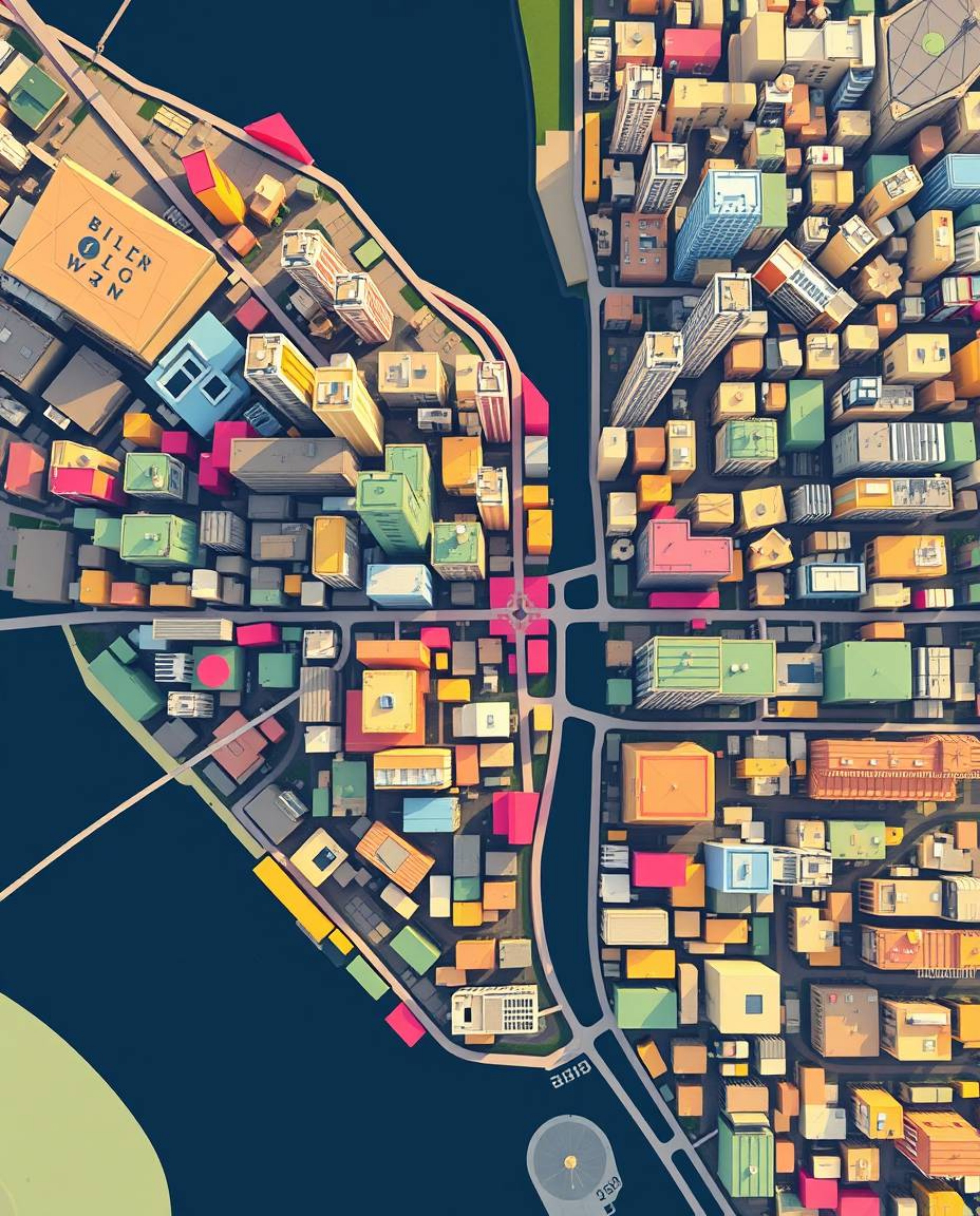 This collection features abstract city maps constructed from geometric shapes, presented in a captivating top-down perspectiv