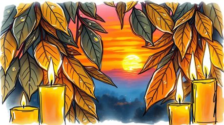 A hand-drawn sketch captures a warm scene where candlelight illuminates a color sketchnote-style depiction of a sunset reflec