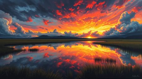 A captivating painting depicts the intense drama of a stormy sky contrasted with the serene reflection of a colorful sunset i