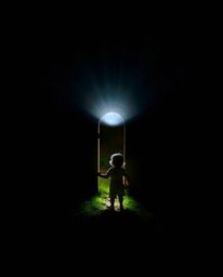 A child's backyard transforms into a realm of wonder as they stumble upon a magical portal, bathed in high contrast, low-key