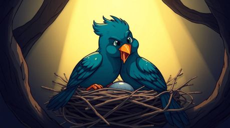 Witness two vibrant cartoon birds with rich teal plumage meticulously constructing their nest in a classic animation style.  