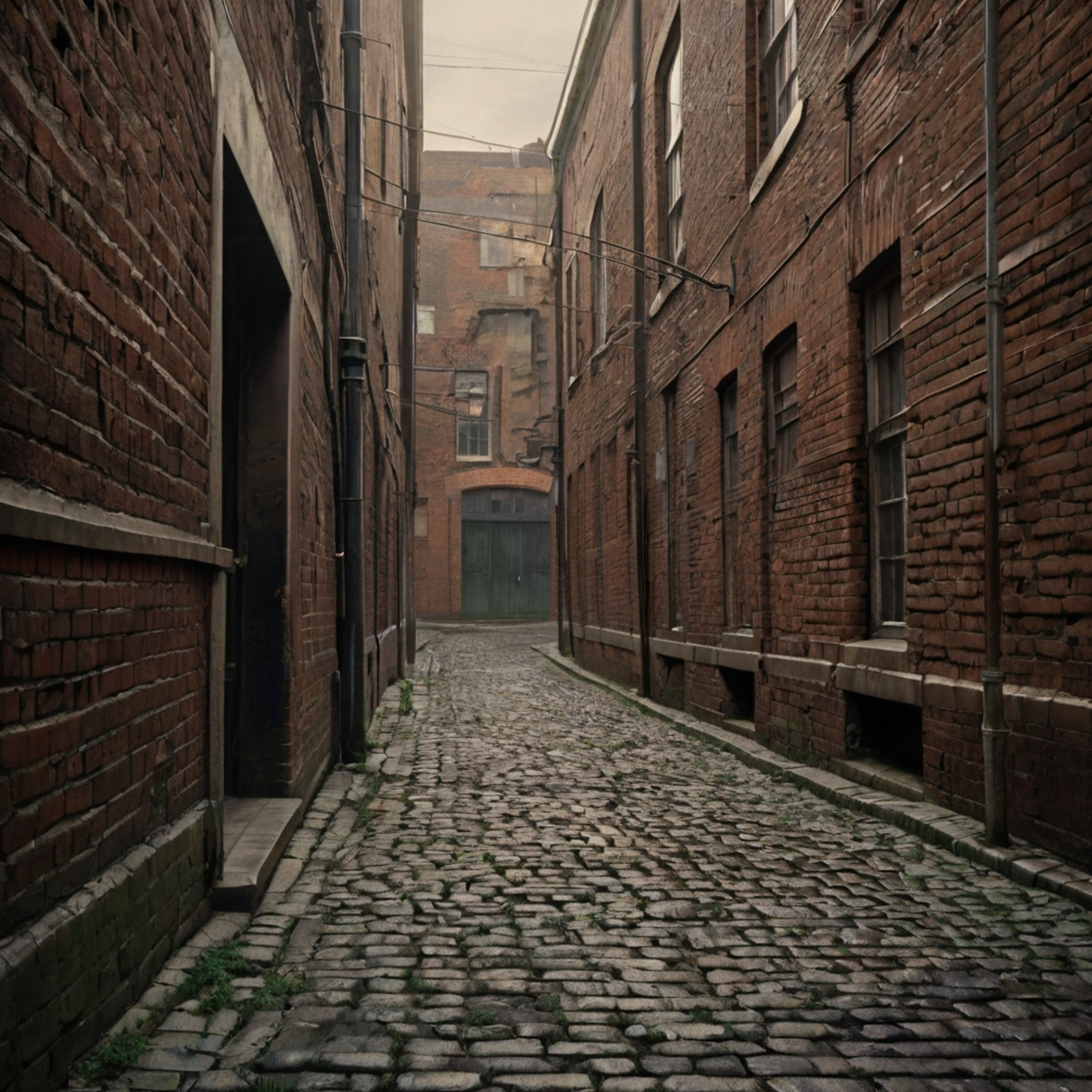This is a detailed pencil drawing of a deserted alleyway, focusing on the intricate details of the cobblestones that pave the