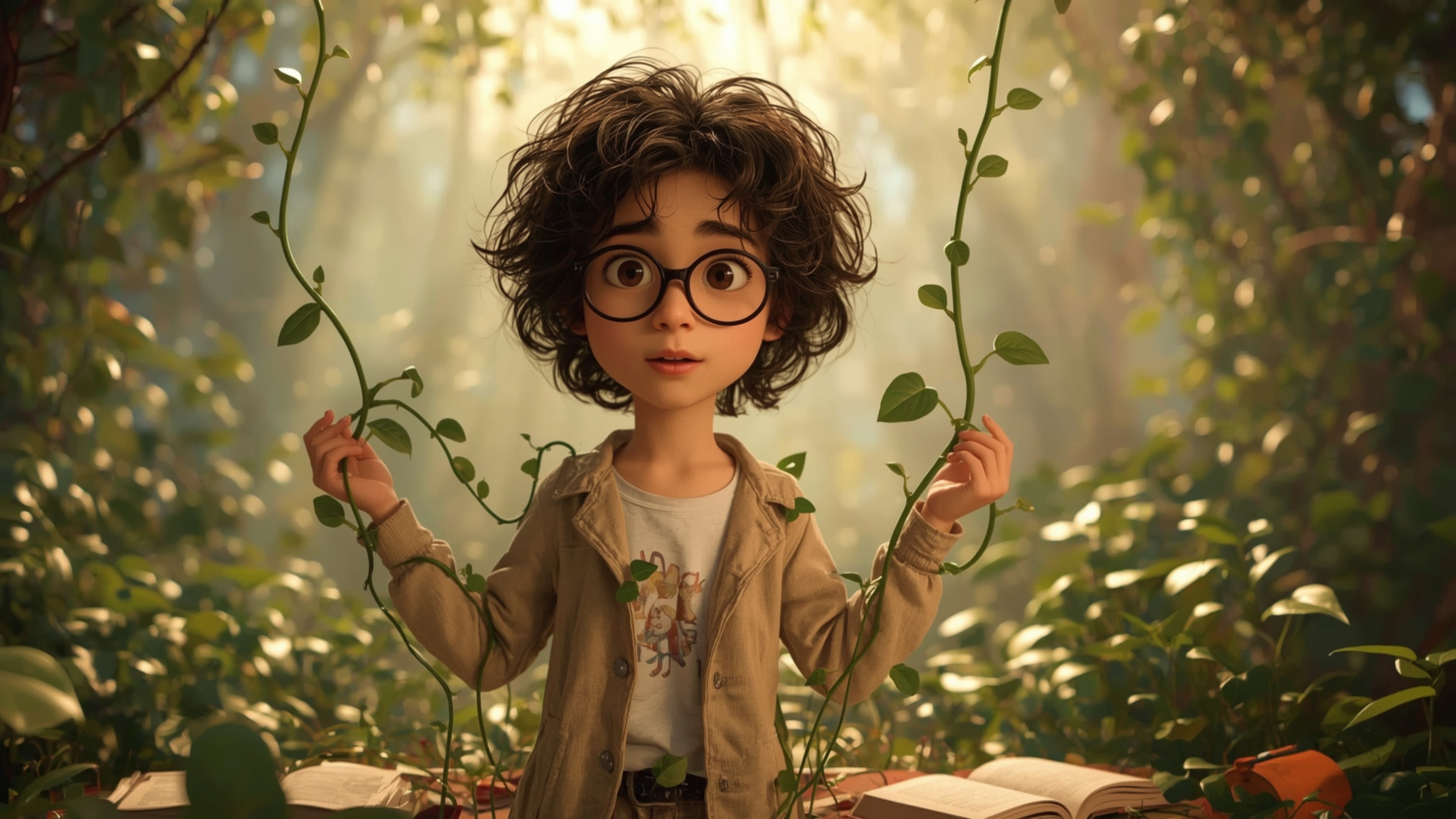 In a vibrant, cinematic photograph inspired by Pixar's style, a bespectacled, curly-haired homeschooled genius is surrounded 