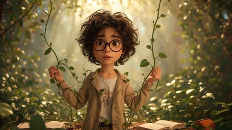 In a vibrant, cinematic photograph inspired by Pixar's style, a bespectacled, curly-haired homeschooled genius is surrounded 