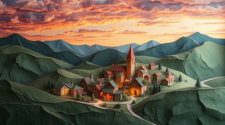 Experience the whimsical charm of a cozy village nestled in a valley beneath a vibrant, colorful sky. This unique artwork, me