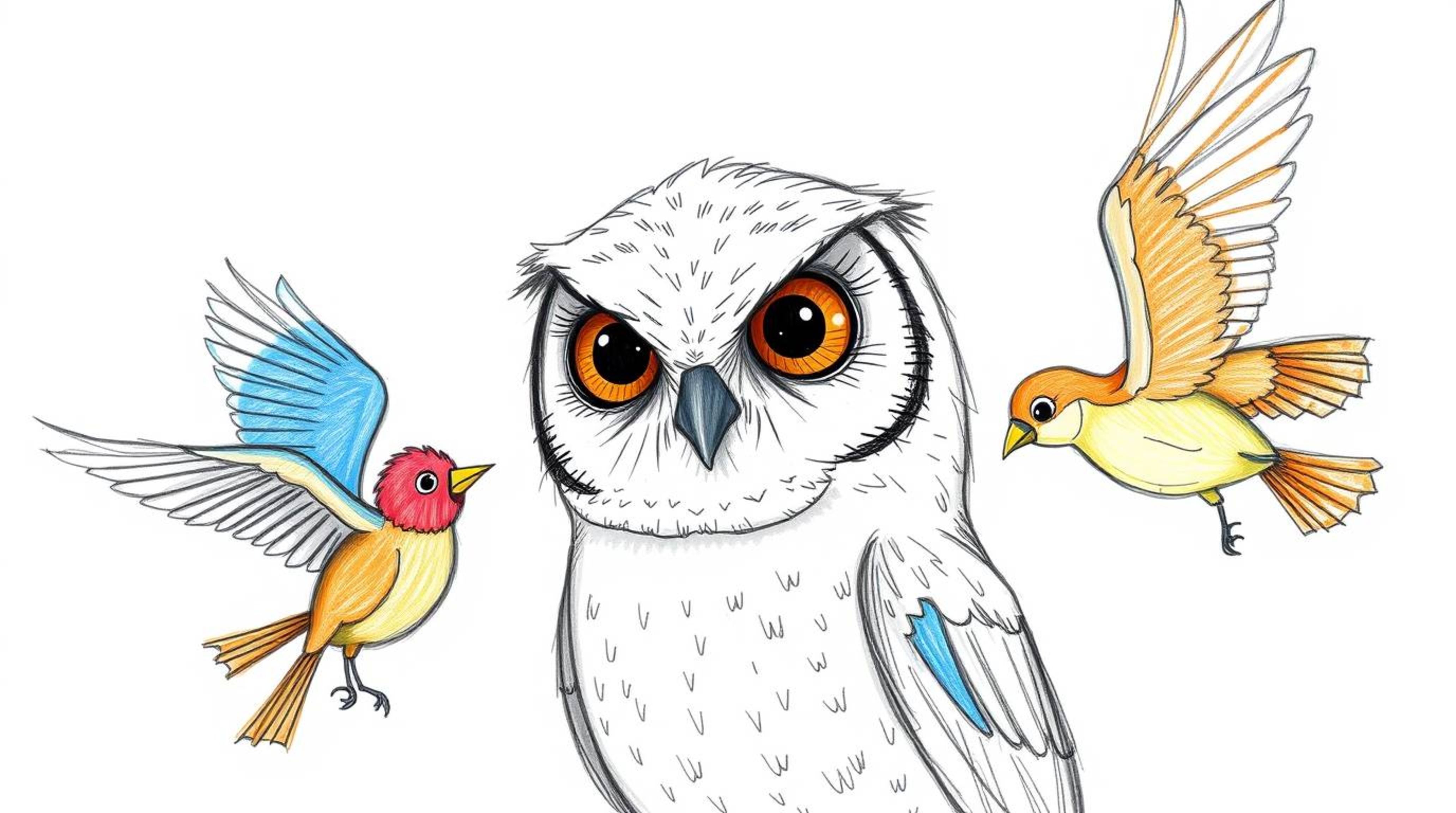 This hand-drawn sketch in a Pixar style depicts a heartwarming scene of a blind owl with warm brown eyes and slightly wrinkle