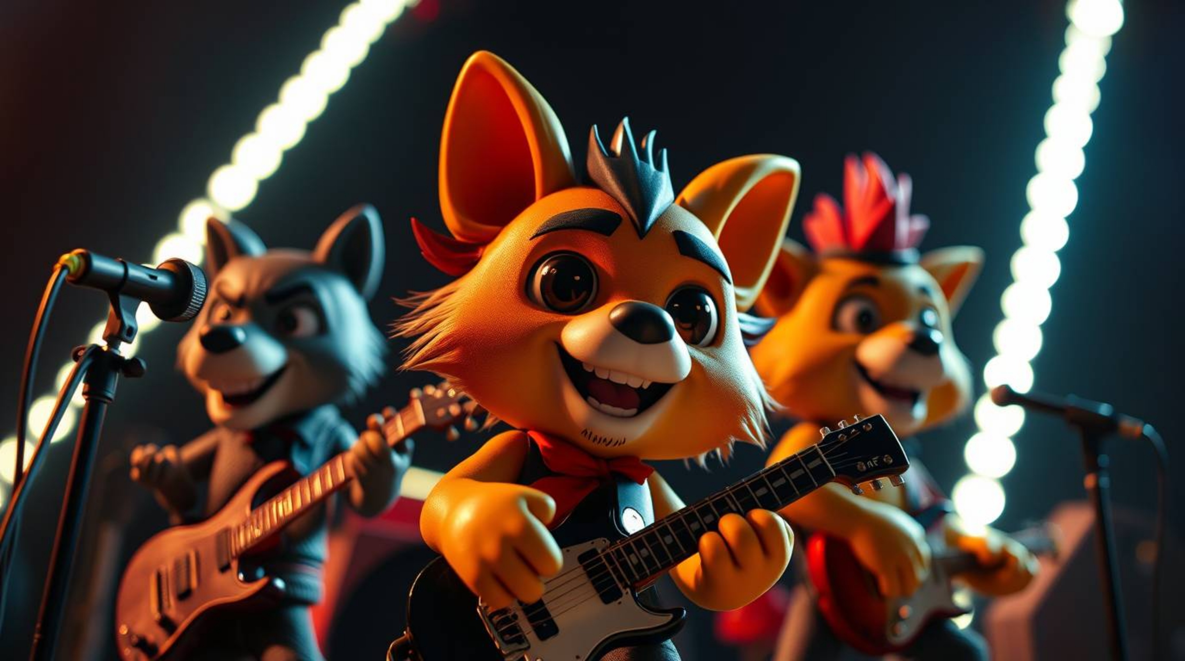 An extreme macro close-up reveals a cartoon animal rock band bathed in dramatic, high-contrast lighting.  Intense detail and 
