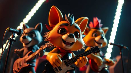 An extreme macro close-up reveals a cartoon animal rock band bathed in dramatic, high-contrast lighting.  Intense detail and 